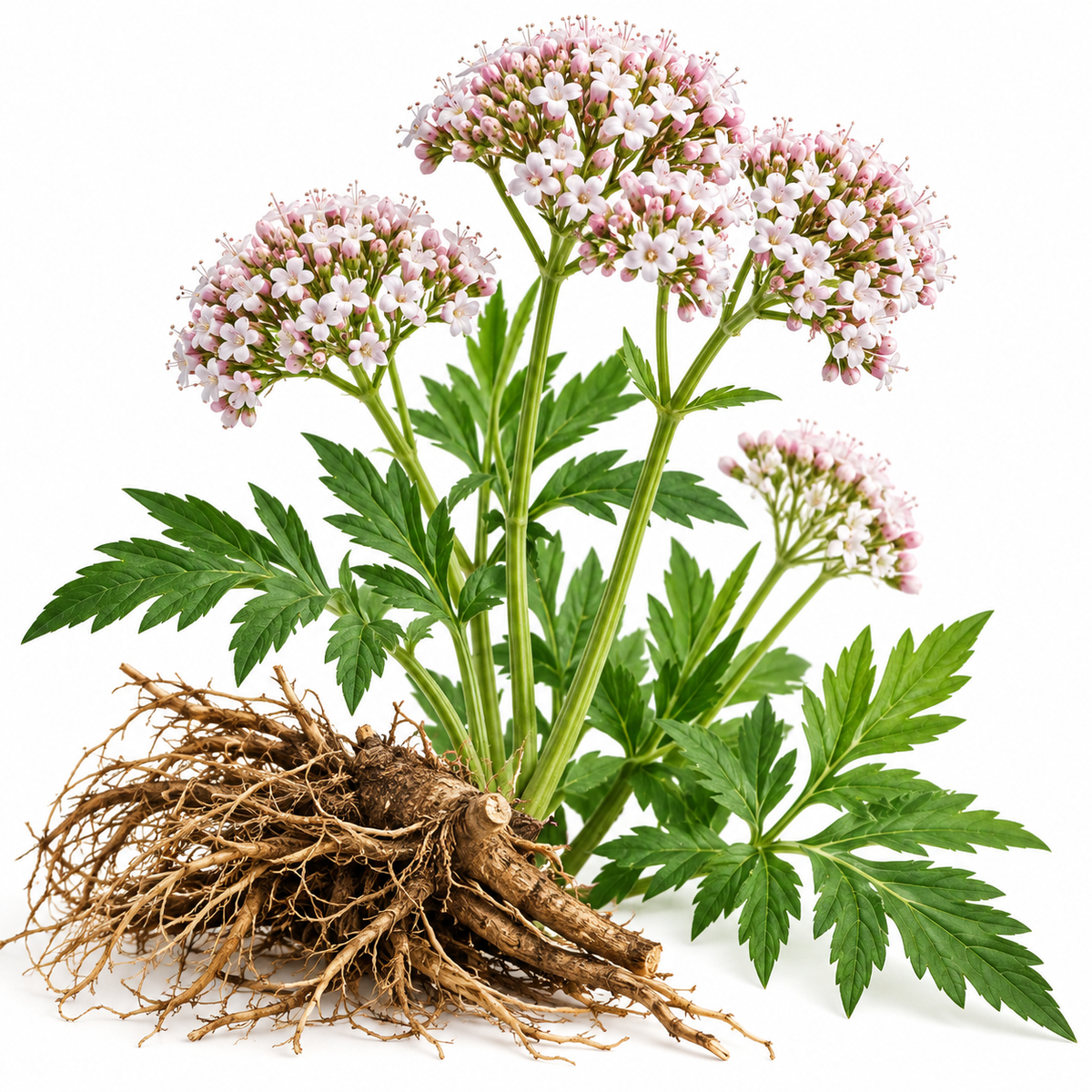 valerian root and plant with blossom